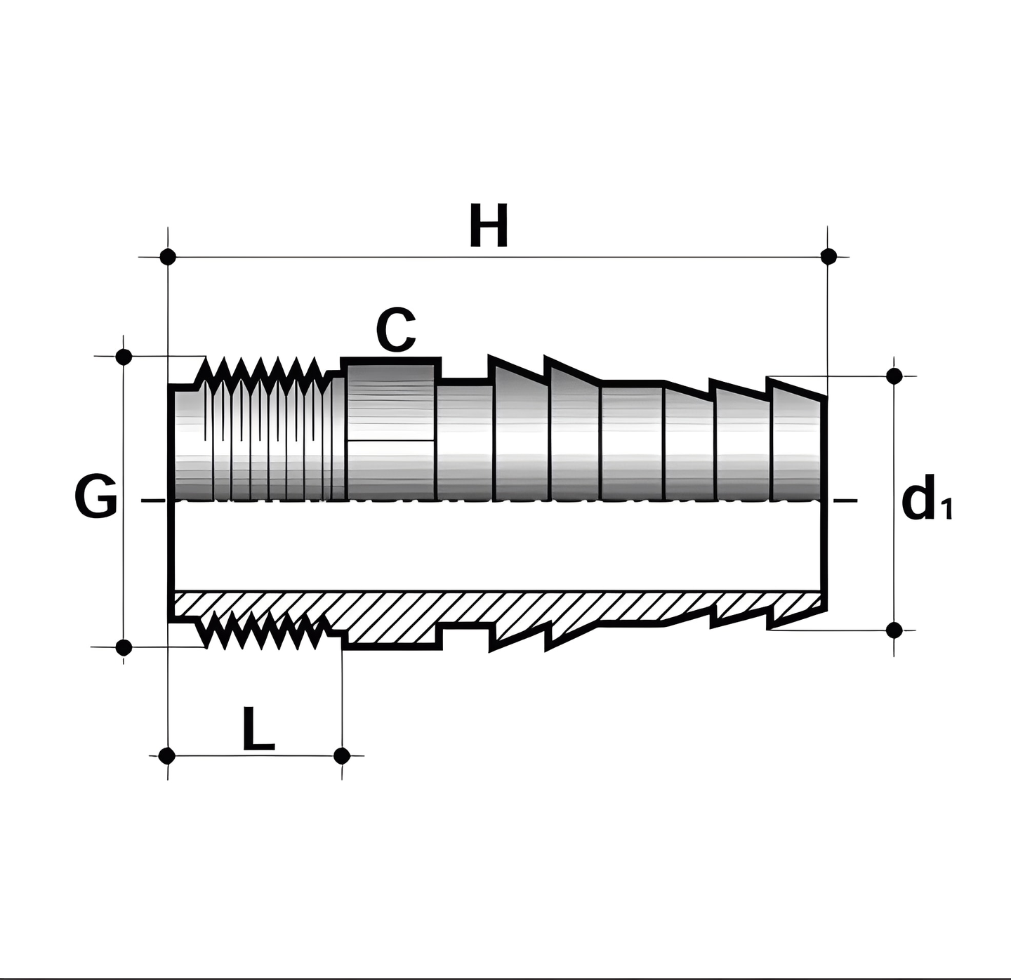 Technical diagram of ABS Hose Adaptor Male BSP to Inch Hose Tail - Grey showing measurements and threads.