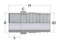 ABS Hose Adaptor Plain - Male Spigot to Hose Tail technical diagram showing dimensions and details.