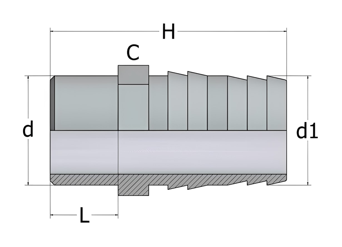 ABS Hose Adaptor Plain - Male Spigot to Hose Tail technical diagram showing dimensions and details.