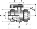 ABS Industrial Ball Valve - Double Union EPDM Seals Plain Ends cross-sectional illustration with dimensions.
