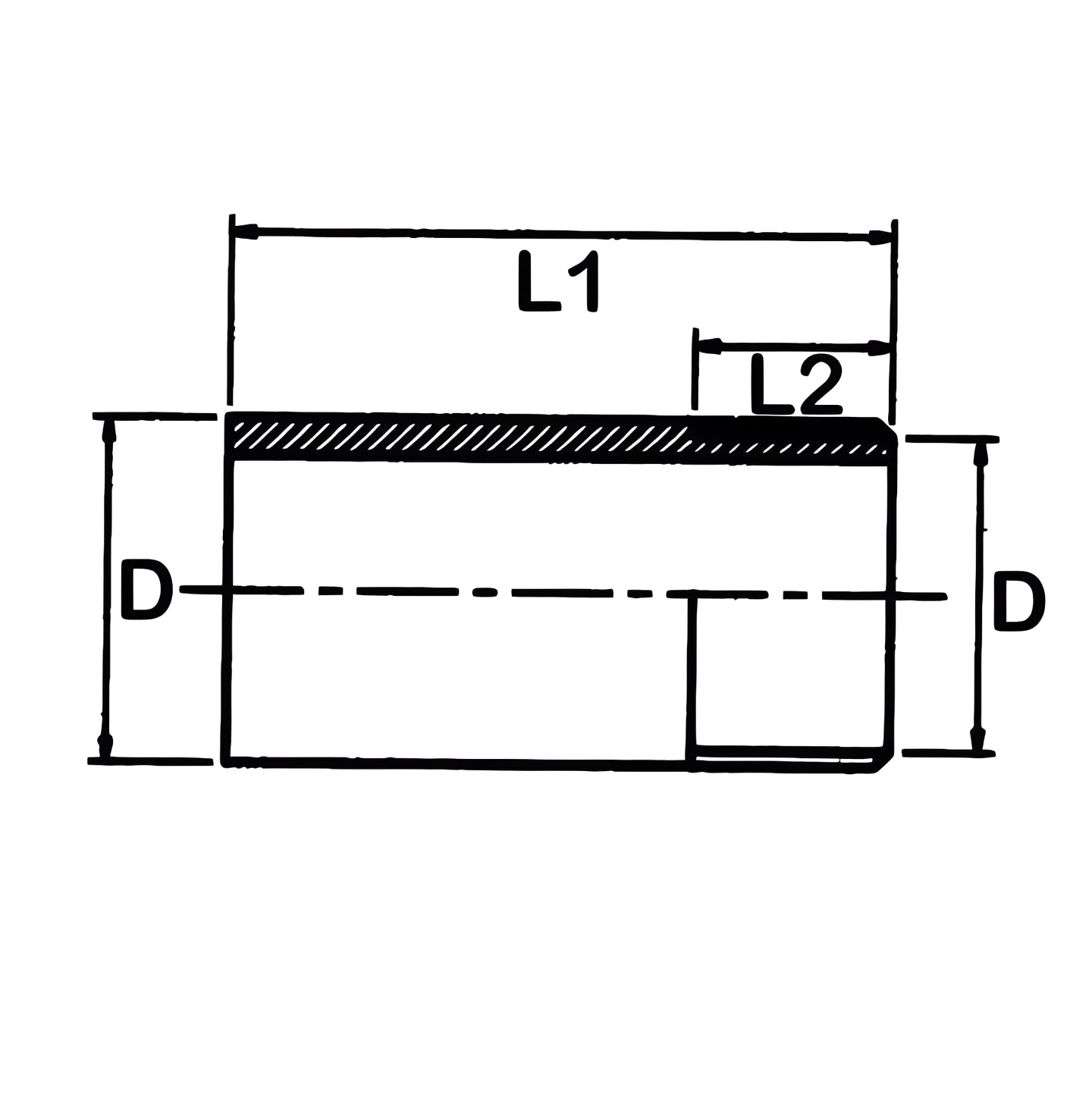 ABS Plain to Threaded Nipple - BSP Pipe Fitting technical drawing dimensions L1, L2, and D.