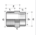 ABS Reducing Bush - Long Pattern Threaded Imperial technical diagram showing measurements and design features