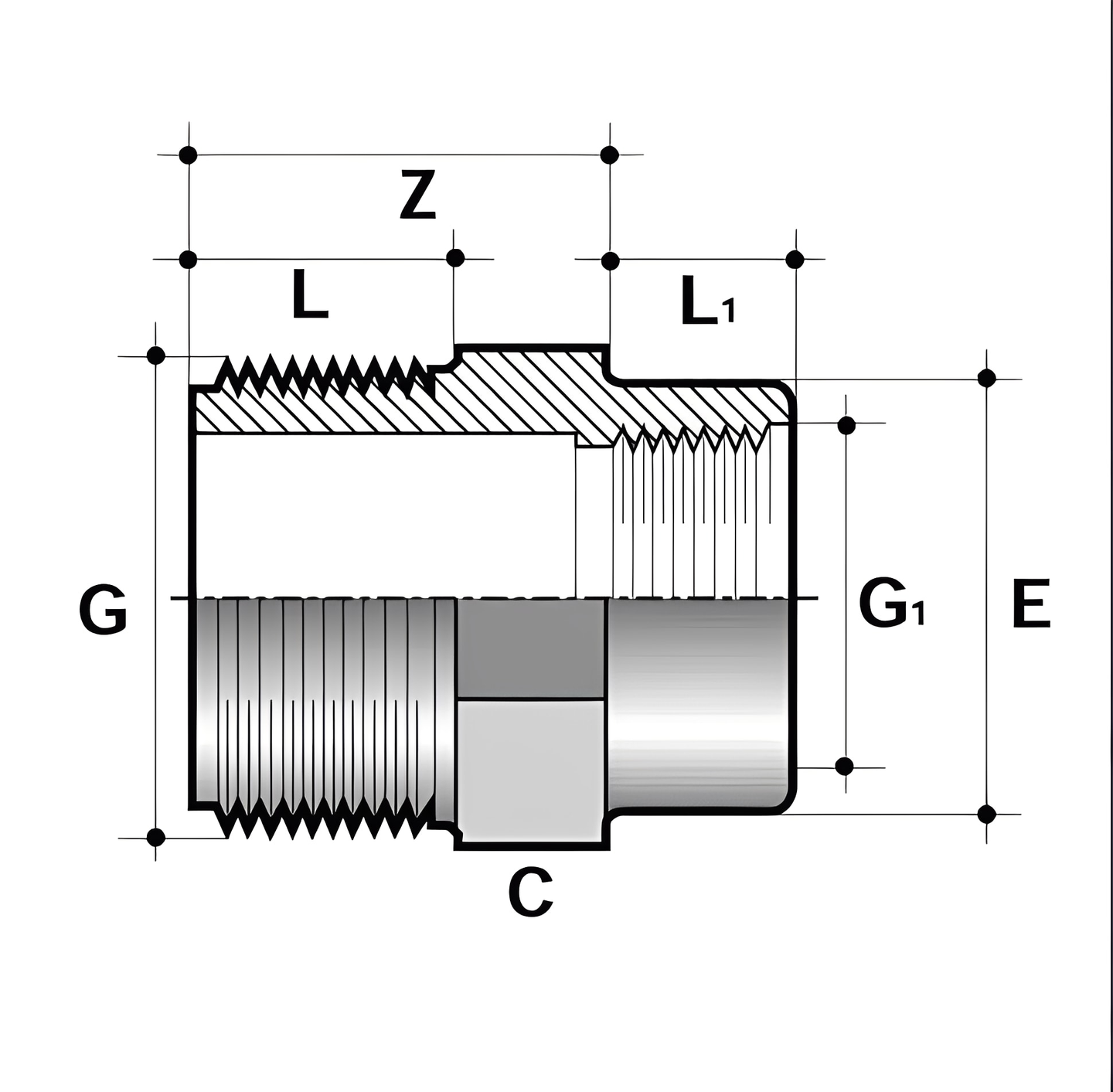 ABS Reducing Bush - Long Pattern Threaded Imperial technical diagram showing measurements and design features