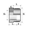 ABS Reducing Bush - Short Pattern Threaded Imperial technical drawing with dimensions labeled.