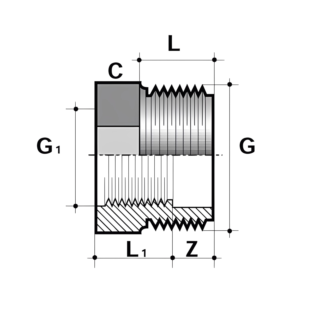 ABS Reducing Bush - Short Pattern Threaded Imperial technical drawing with dimensions labeled.