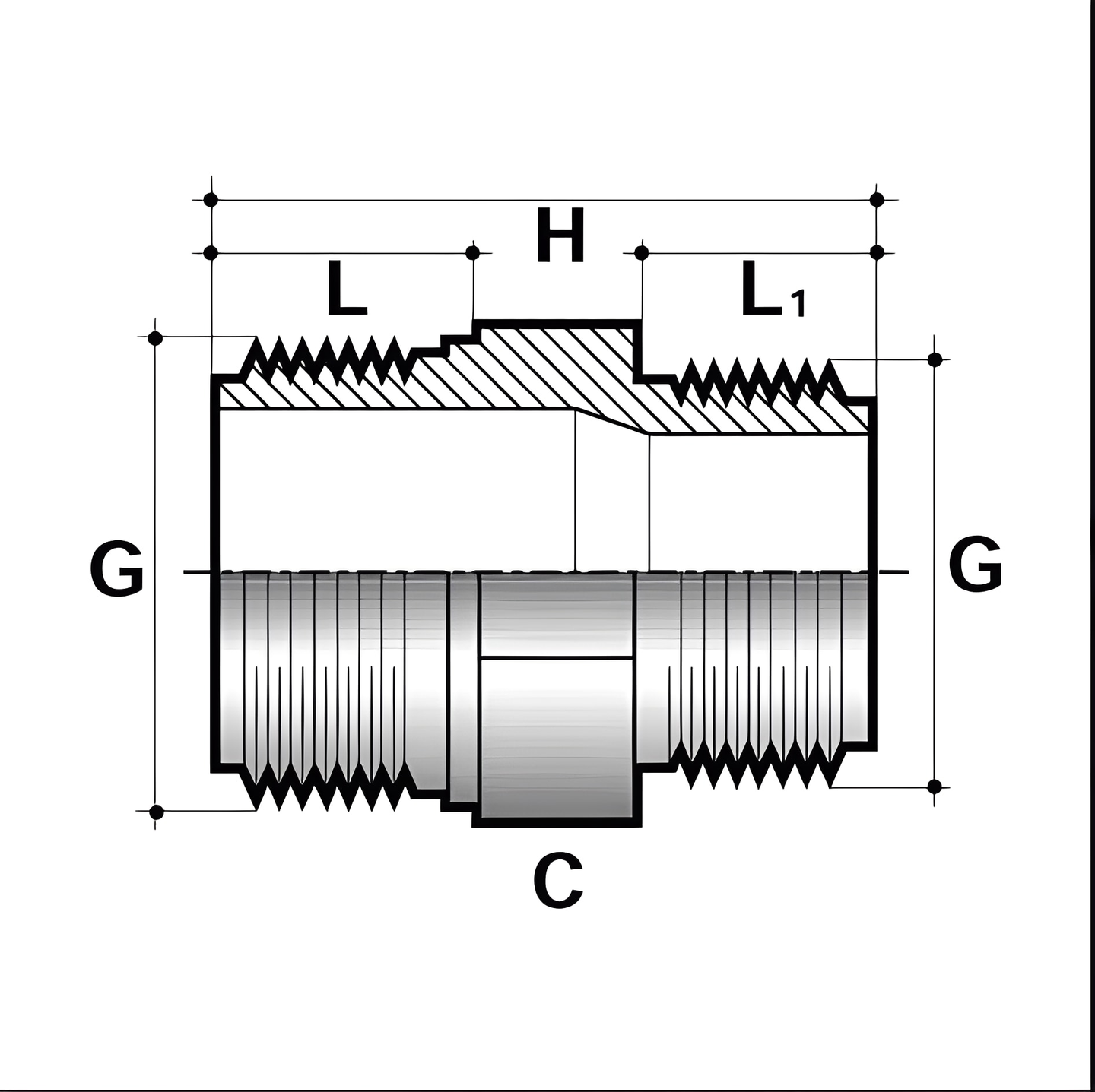 ABS Threaded Reducing Nipple - Imperial Pressure Pipe Fitting technical drawing with dimensions labeled.