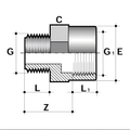 ABS Threaded Reducing Piece Male/Female - Imperial technical drawing showing dimensions and design features.
