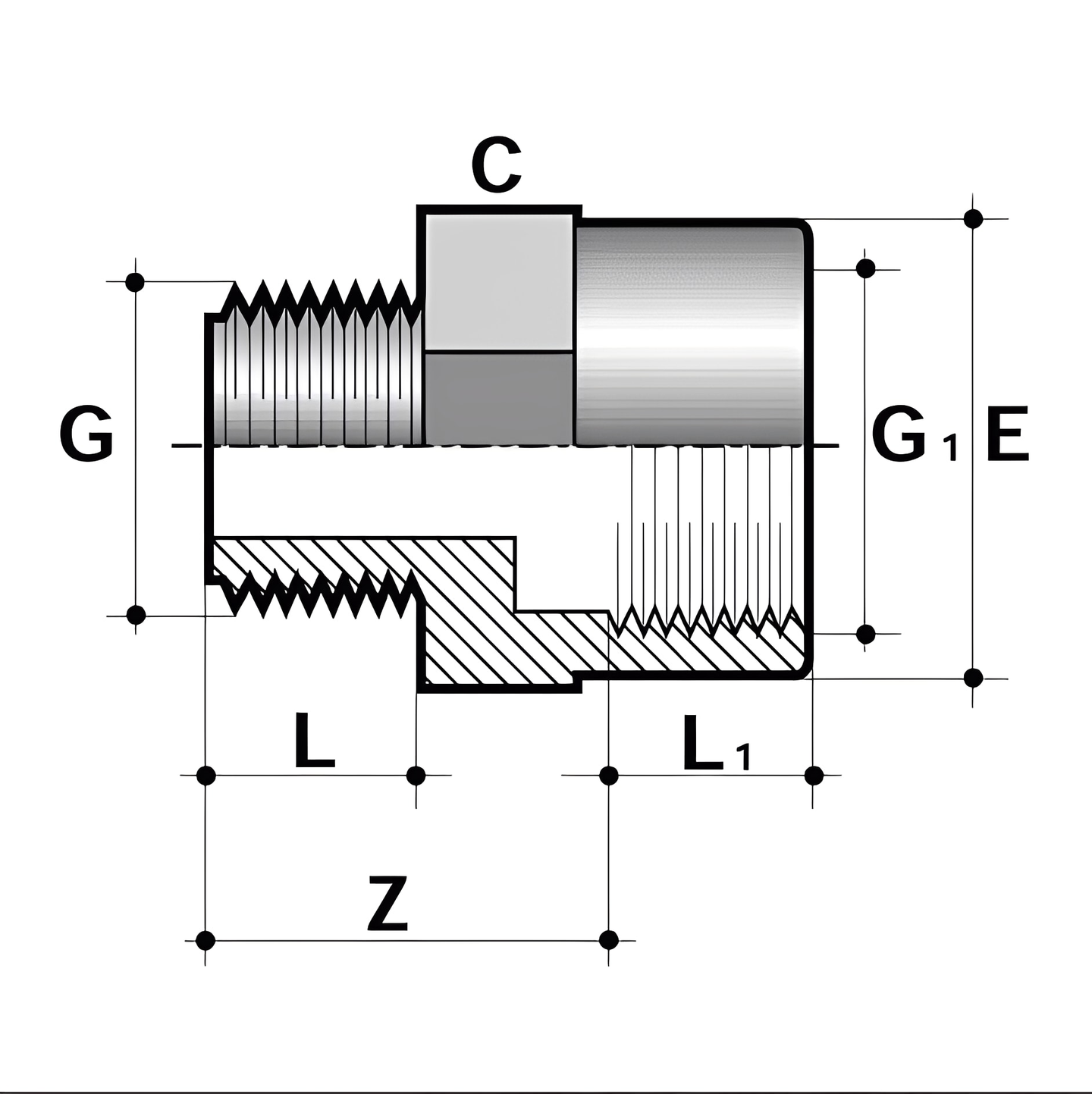 ABS Threaded Reducing Piece Male/Female - Imperial technical drawing showing dimensions and design features.