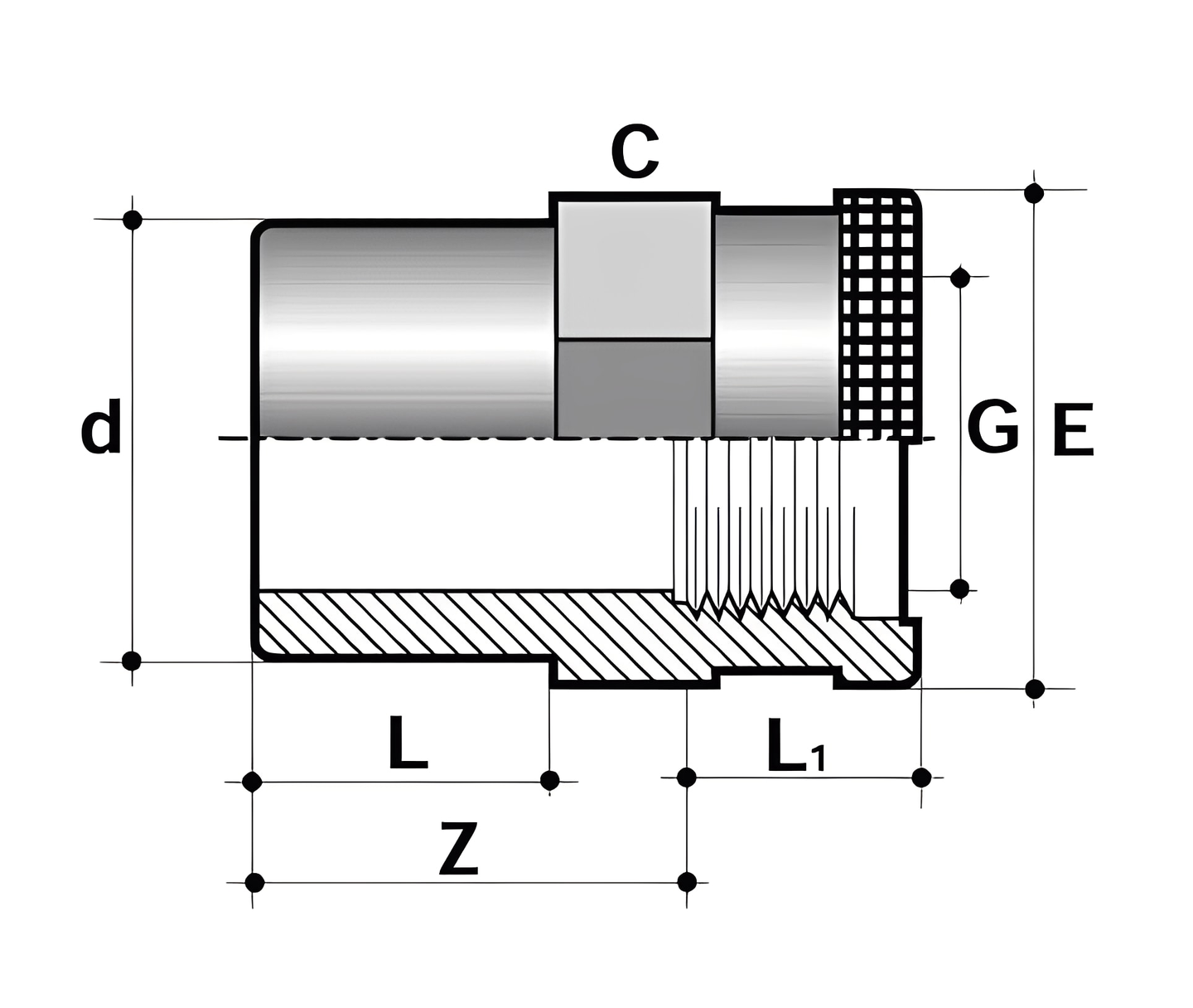 Diagram of ABS Plain to Threaded Reinforced Socket - WRAS Approved dimensions and features.