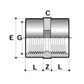 ABS Threaded Socket - Imperial Inch Pipe Fitting diagram showcasing dimensions and design details.