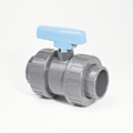 ABS Double Union Ball Valve - Imperial Plain Ends WRAS Approved with blue handle and gray body for fluid handling.