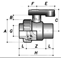 ABS Single Union Ball Valve - Imperial Plain Ends EPDM PTFE technical diagram with dimensions labeled.