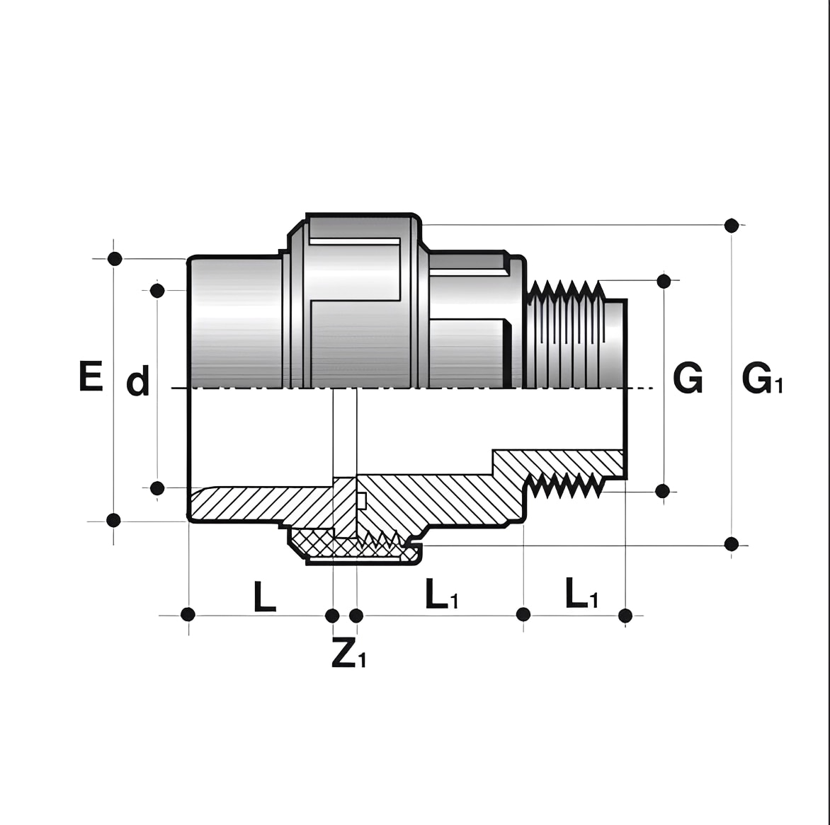 ABS Union Male Thread One End - Inch Imperial detailed technical drawing with measurements and dimensions.