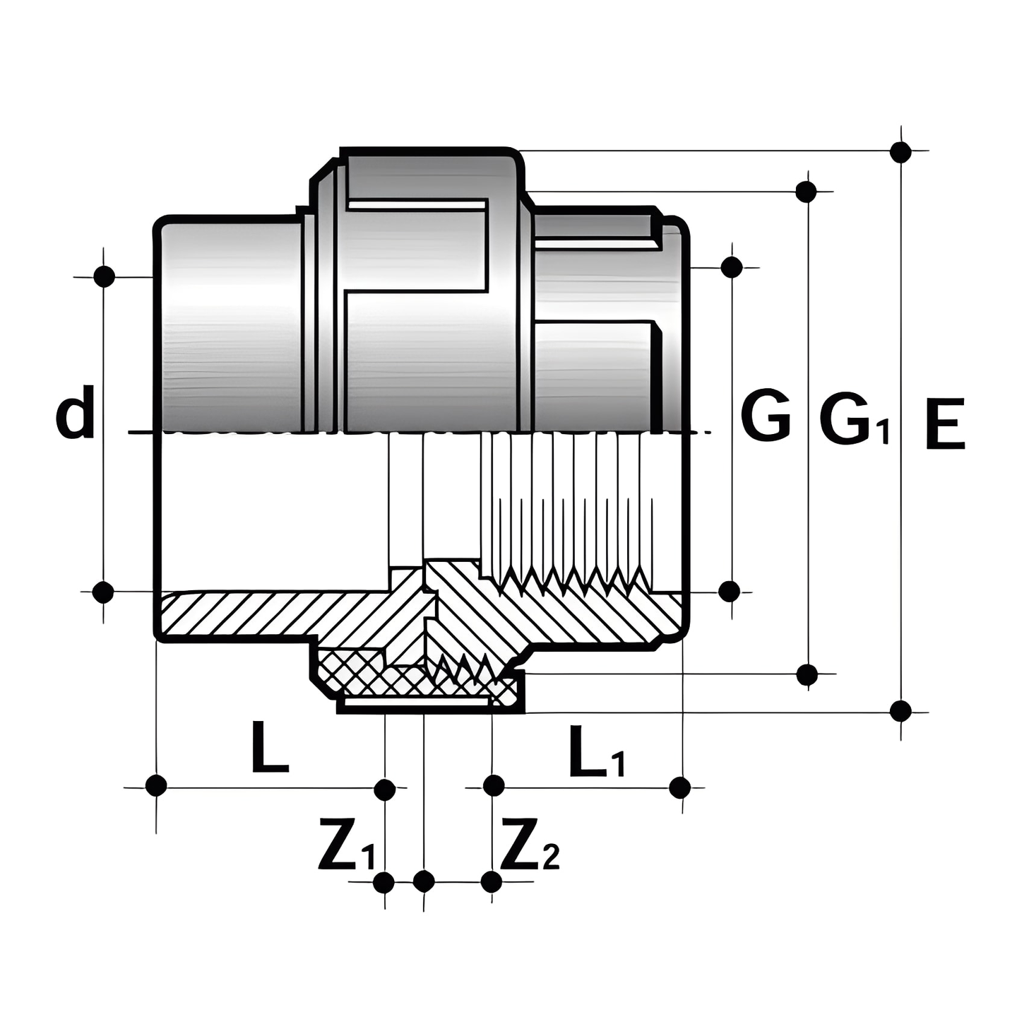 Illustration of ABS Union Plain to Threaded - Imperial WRAS Approved fitting dimensions and specifications.
