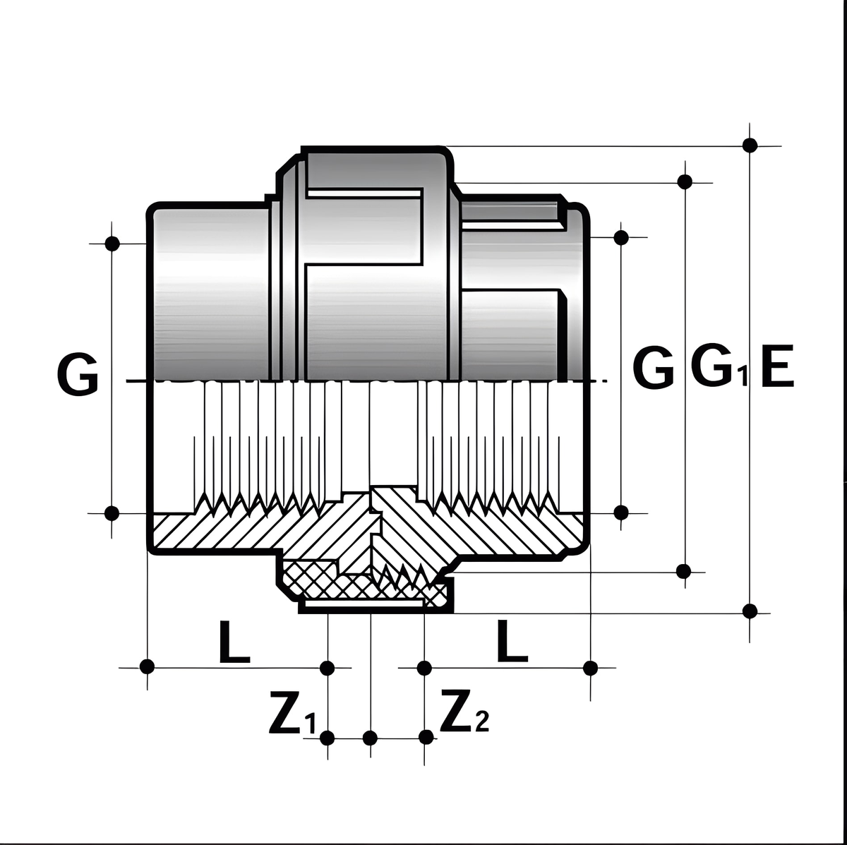 ABS Union Threaded - Imperial Impact Resistant Fitting technical drawing with dimensions for accurate installation.