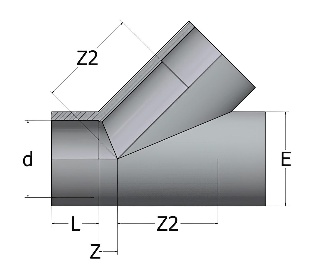 ABS Y Piece 45 Degree Tee Plain - Imperial WRAS Approved technical drawing showing dimensions and angles.
