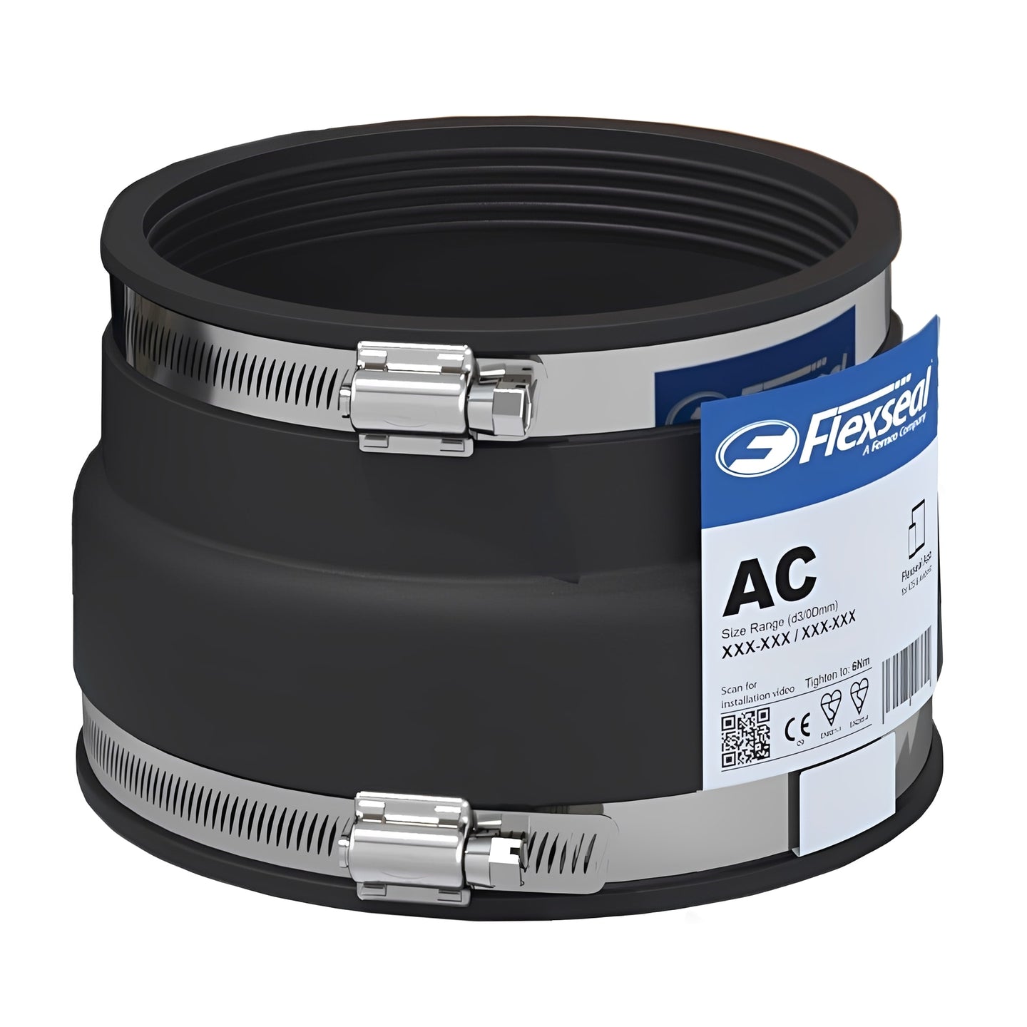 Fernco AC3208 EPDM Adaptor Coupling 295-320mm to 240-265mm with Flexseal branding and clamps