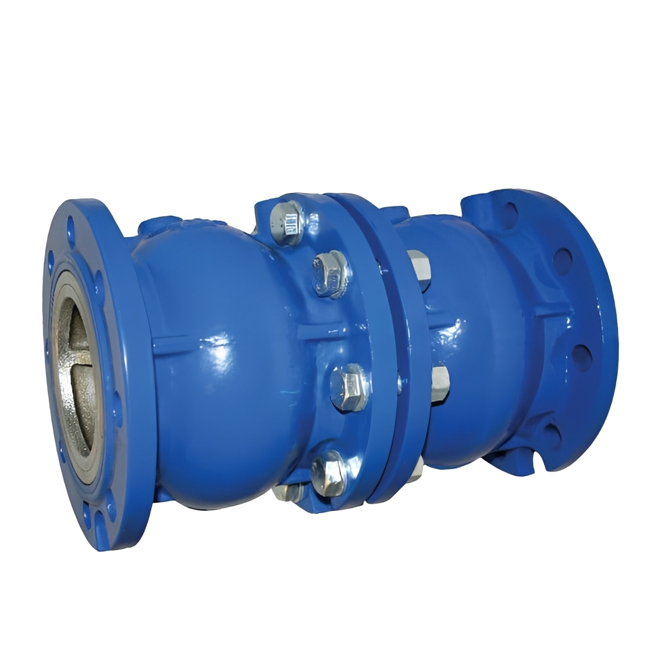 Axial Disc Double Check Valve PN16 Cast Iron Flanged in blue color with flanged ends.