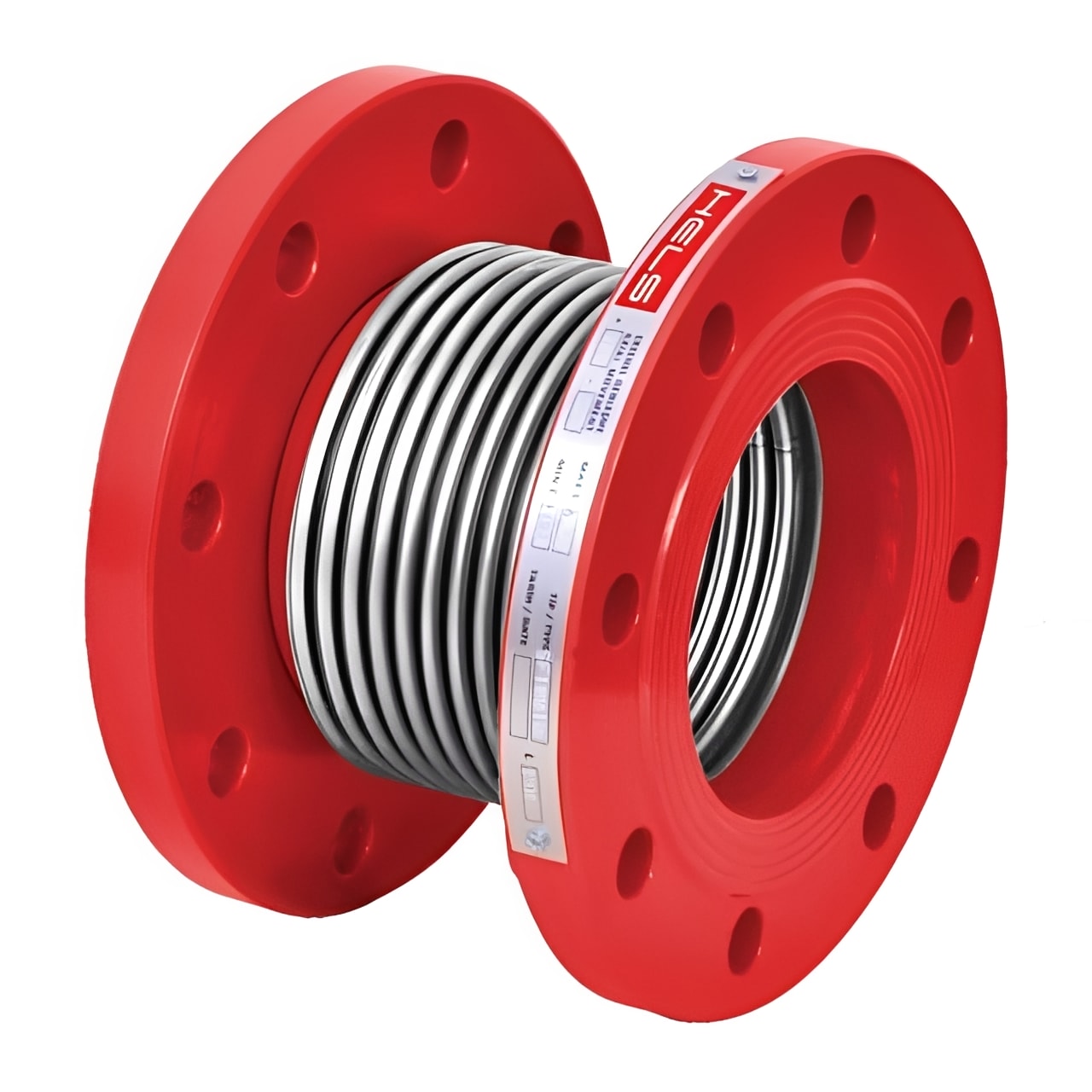 Axial Expansion Joint - Stainless Steel Flanged PN16 with red flanges and metal corrugated section.