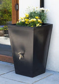 Black Cambridge 90L Water Butt Planter - Decorative Tank with flowers in top planter