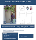 Metropolitan 255L Water Butt Planter - Blue Decorative Tank displayed in a garden setting with plants and measurements.