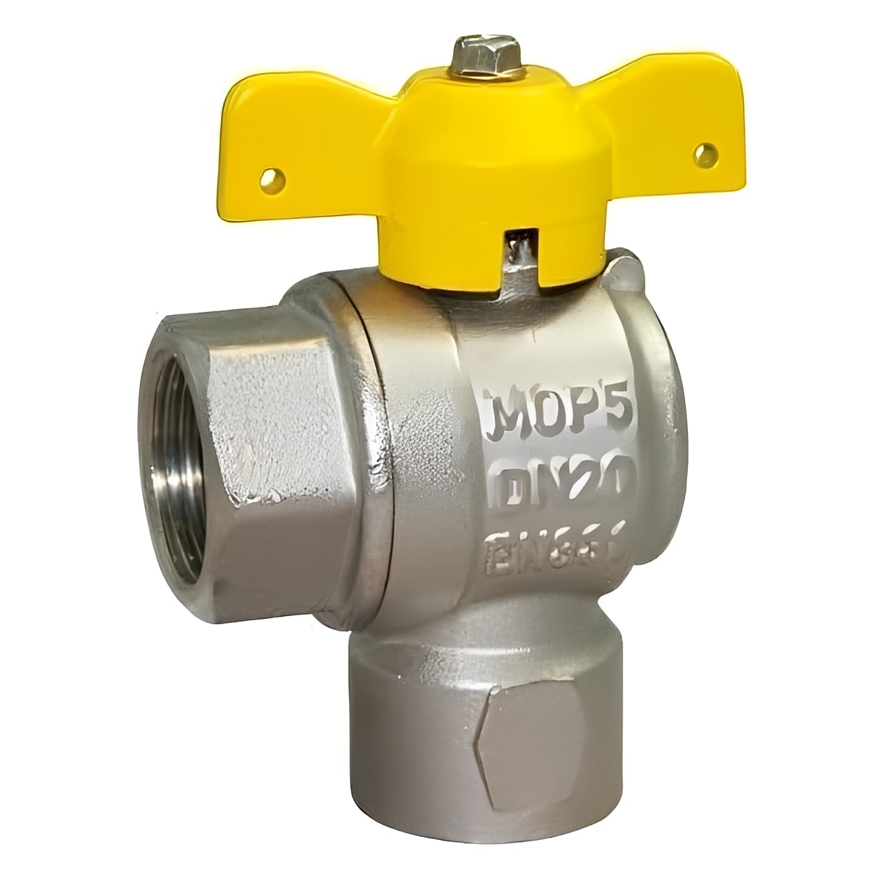 Brass Angle Pattern Ball Valve - EN331 Gas Approved BSPP Female with yellow handle for flow control.