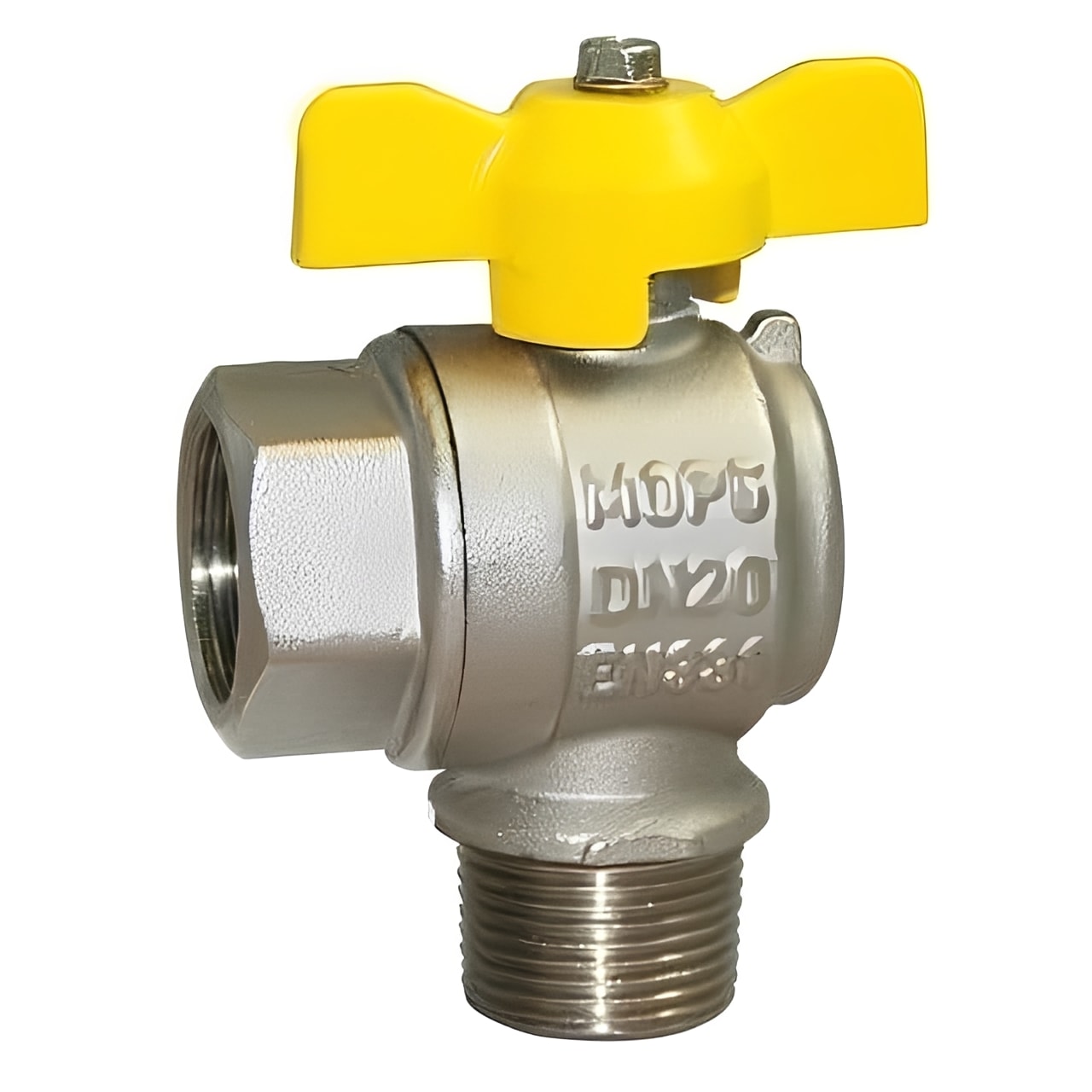 Brass Angle Pattern Ball Valve EN331 Gas Approved BSPP MxF with yellow handle for efficient gas installations.