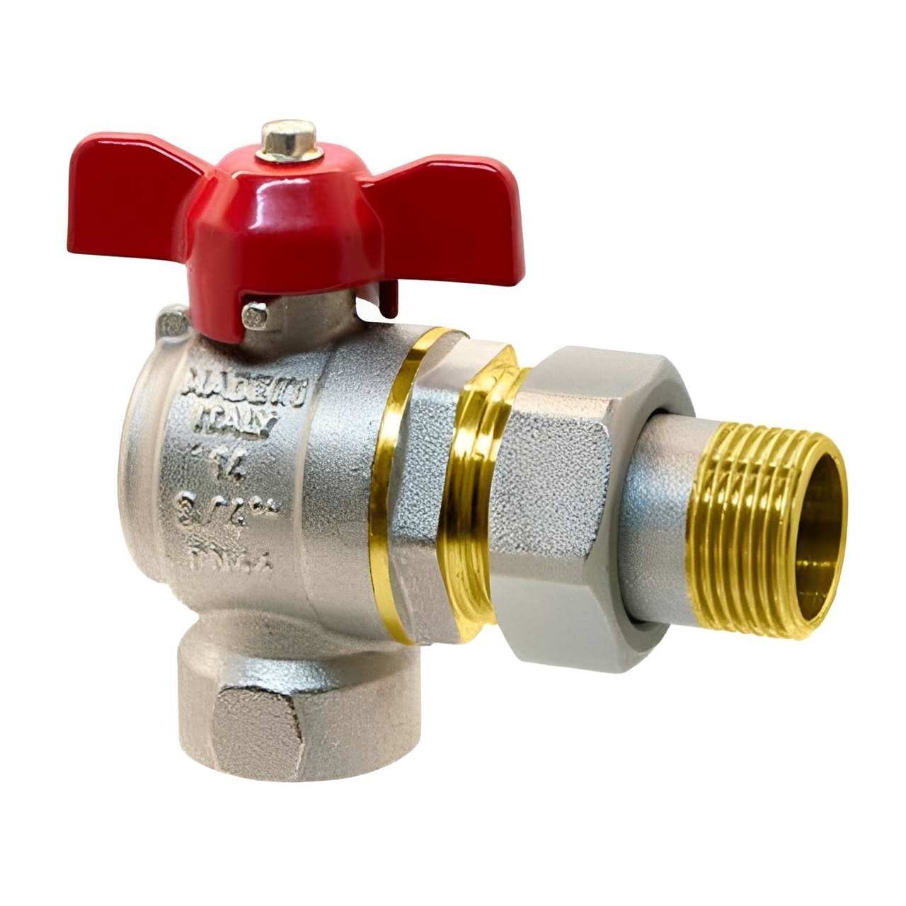 Brass Angle Pattern Ball Valve - Male Union End Forged Brass showcasing durable forged brass construction and a red handle.
