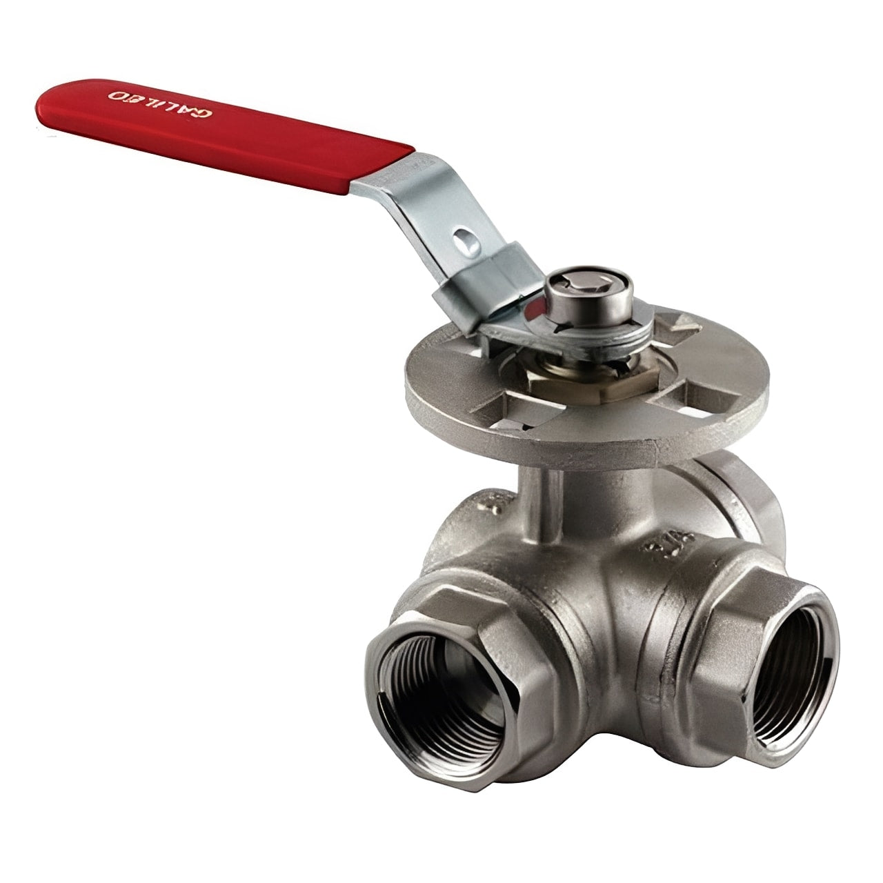 3-Way Brass T-Port Ball Valve - 360° Lockable PN40 BSP for fluid control and routing systems.