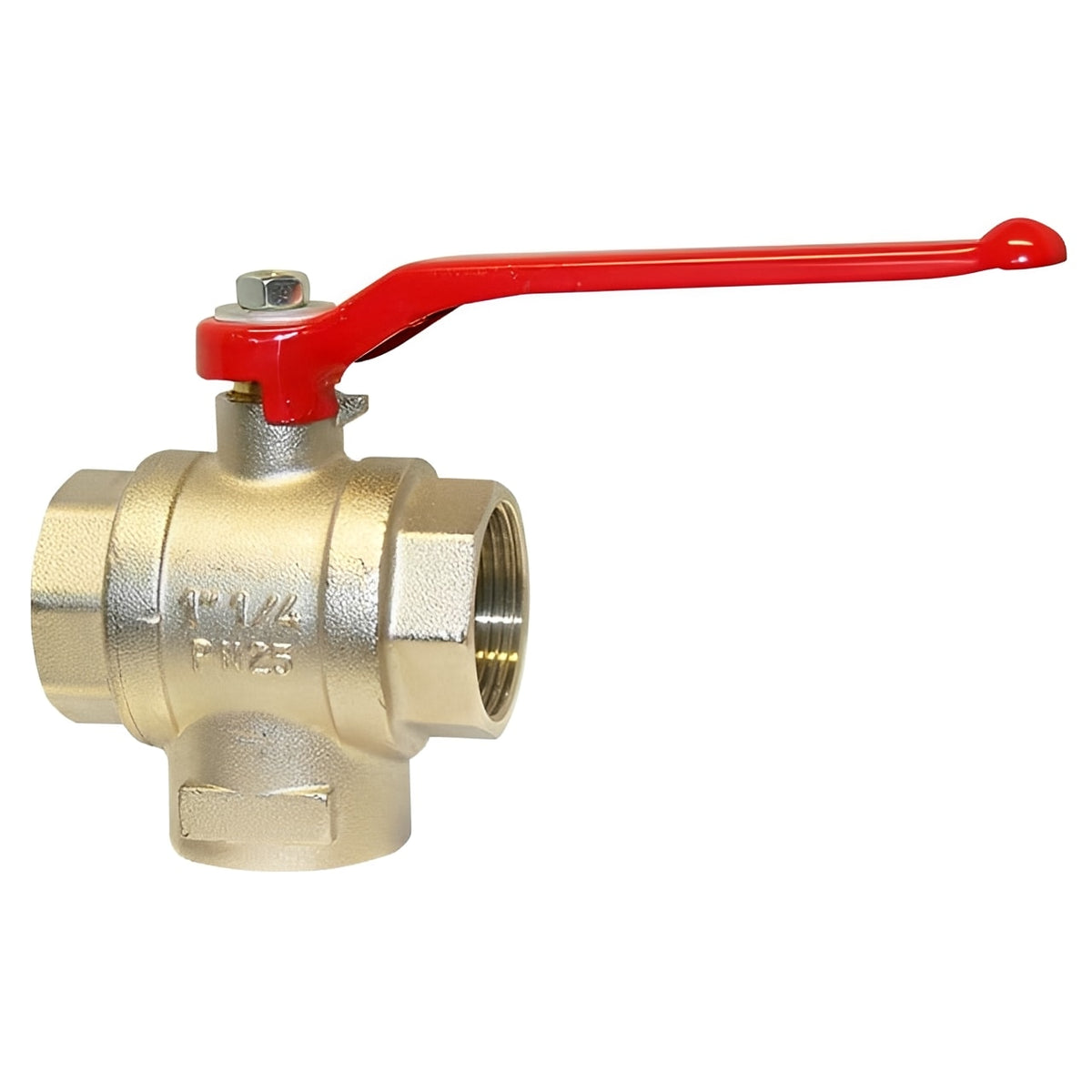 3-Way Brass Ball Valve - L-Port Diverter 180 Degree PN25 with red lever for manual control.