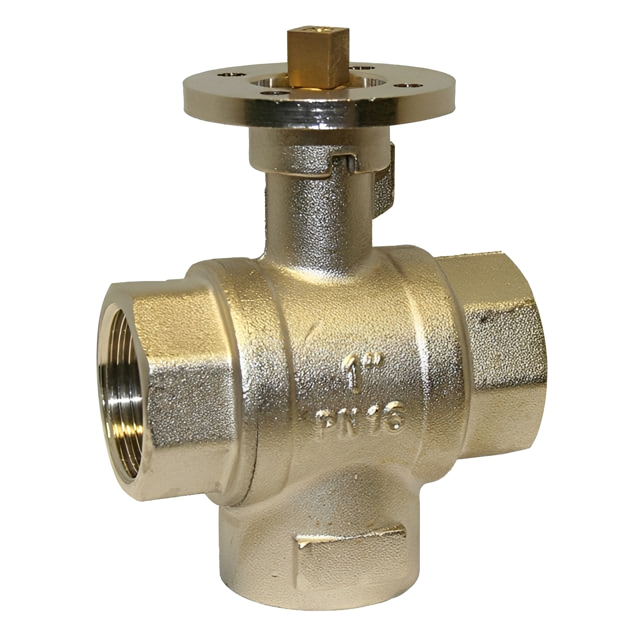 3-Way Brass Ball Valve - L-Port Diverter ISO 5211 Top PN25 for precise flow control in fluid networks