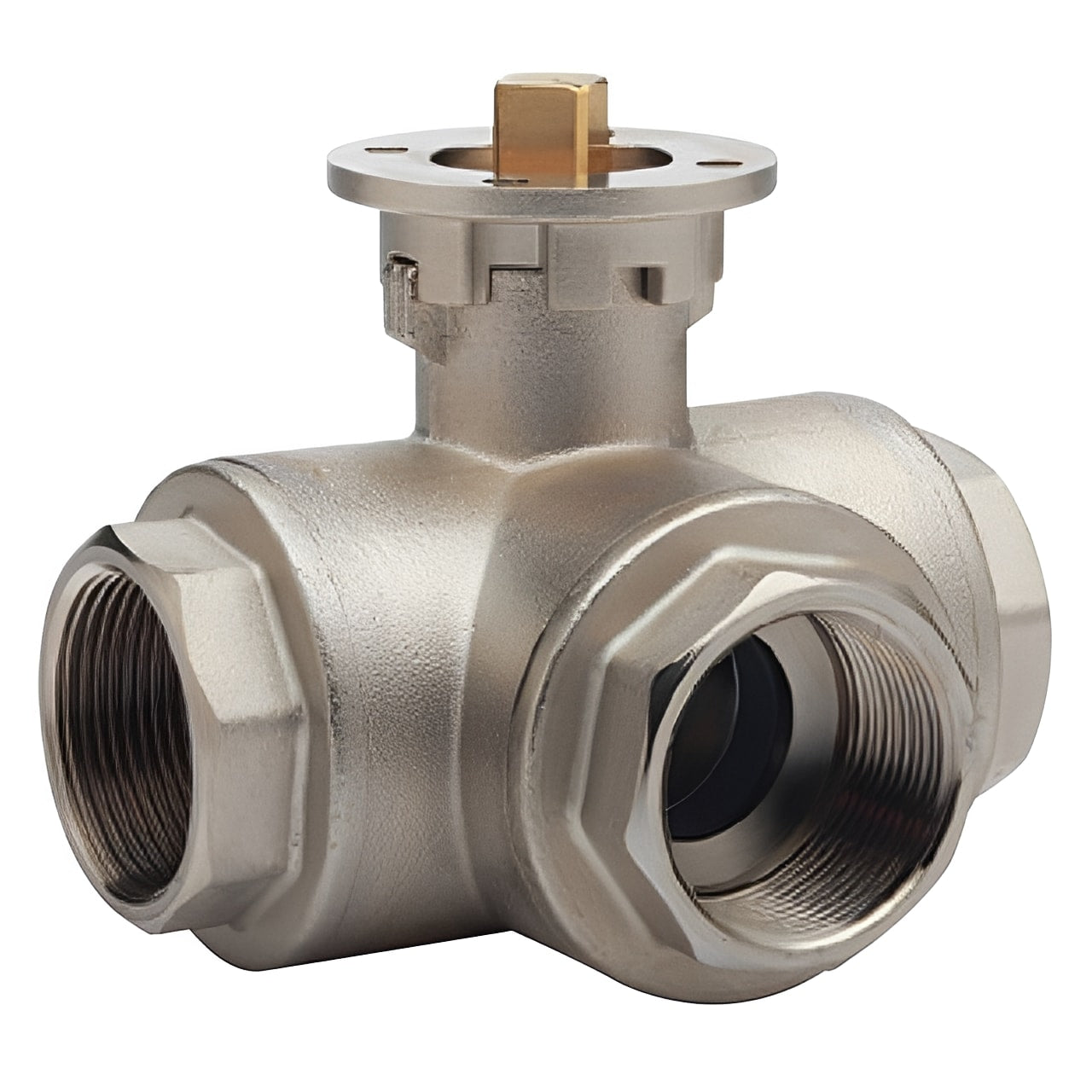 3-Way Brass Ball Valve - L-Port ISO Top Mount PN40 showcasing durable construction and versatile flow diversion.
