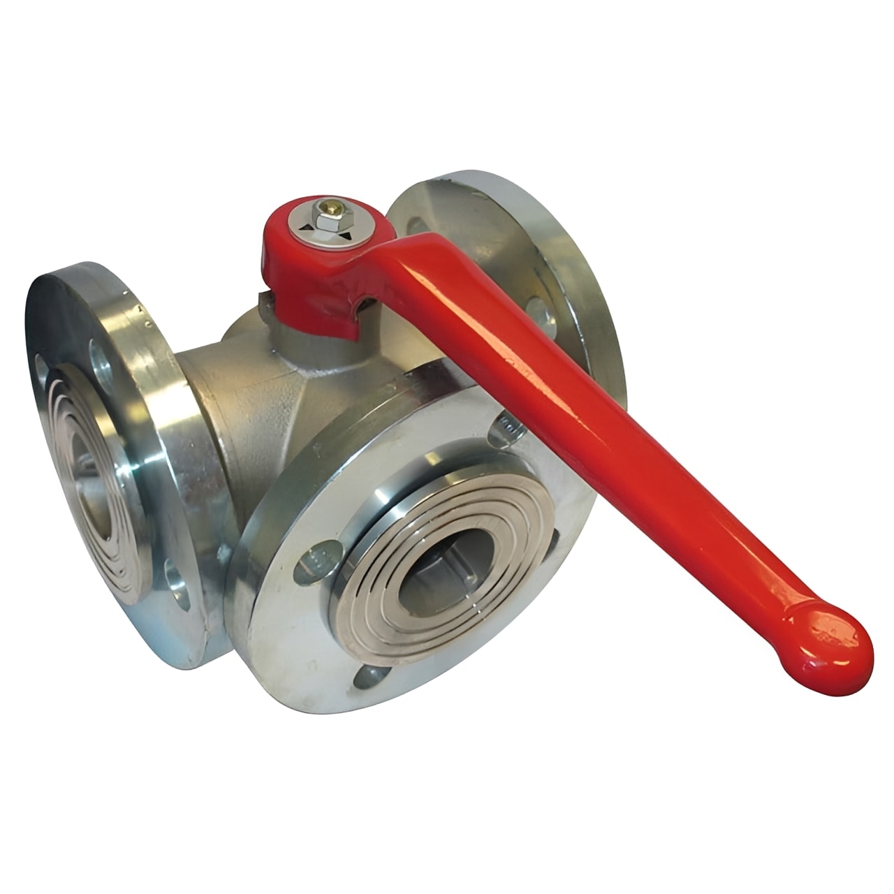 3-Way Brass Ball Valve - L-Port PN16 Rotating Flanges with red lever and rotating flanges for flow control.