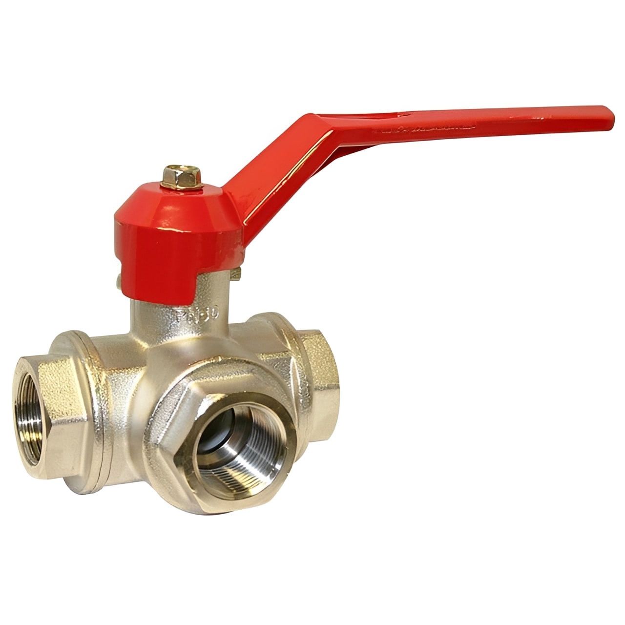 3-Way T-Port Brass Ball Valve - BSPP Female Nickel-Plated with red lever for flow control