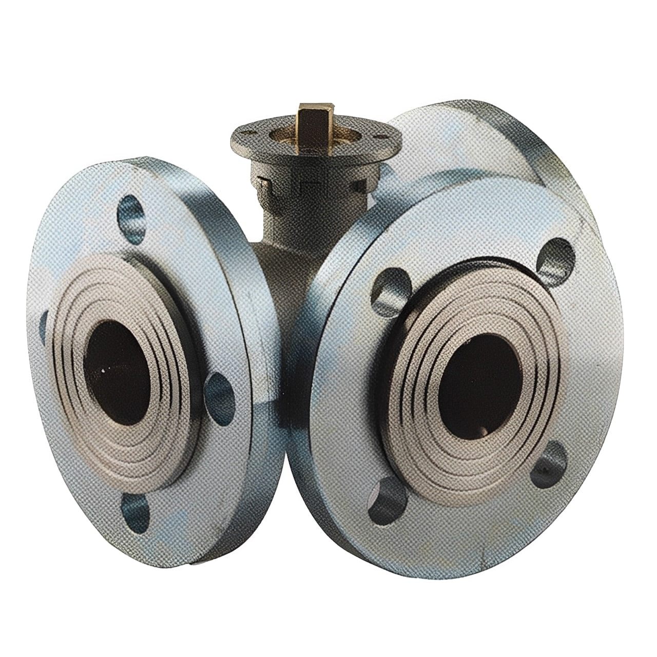 3-Way T-Port Brass Ball Valve PN16 with Rotating Flanges showcasing a durable design and innovative flanges for easy installation.