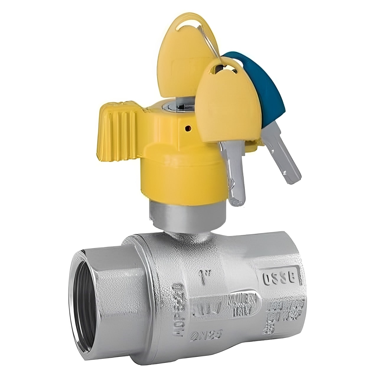 Brass Ball Valve - Locking Butterfly Handle - Gas & WRAS Approved with yellow locking butterfly handle and keys.
