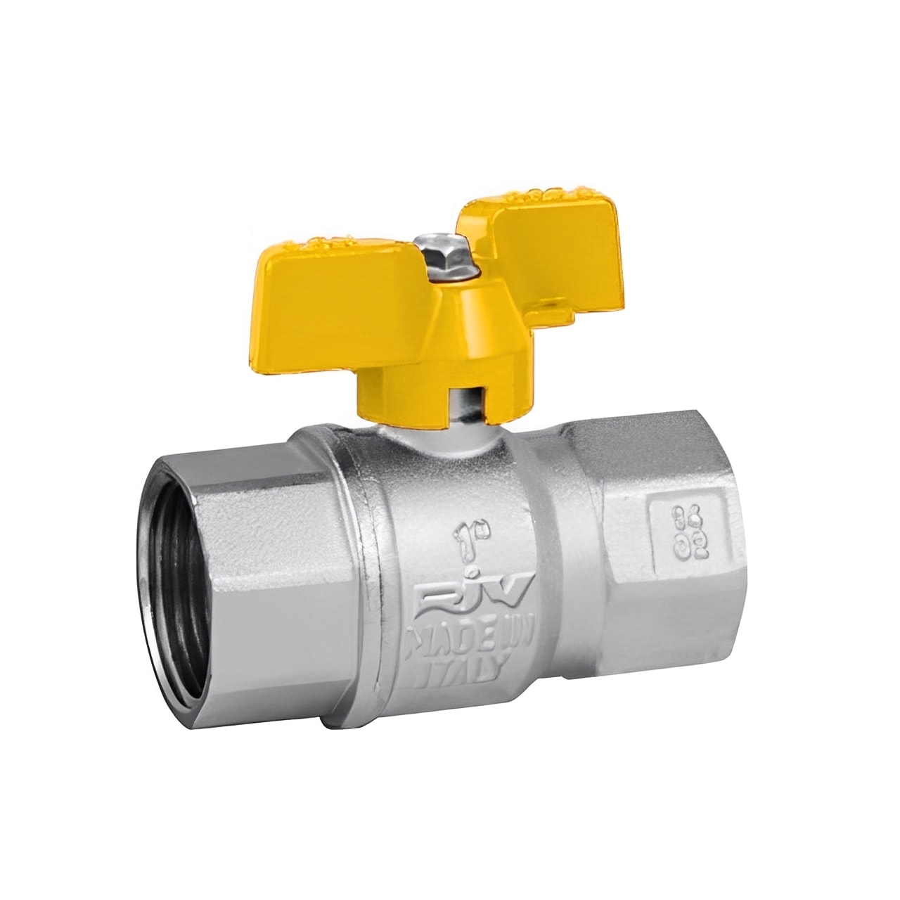 Brass Ball Valve - BSI Gas Approved Yellow Butterfly Handle showcased in a close-up view for easy identification.