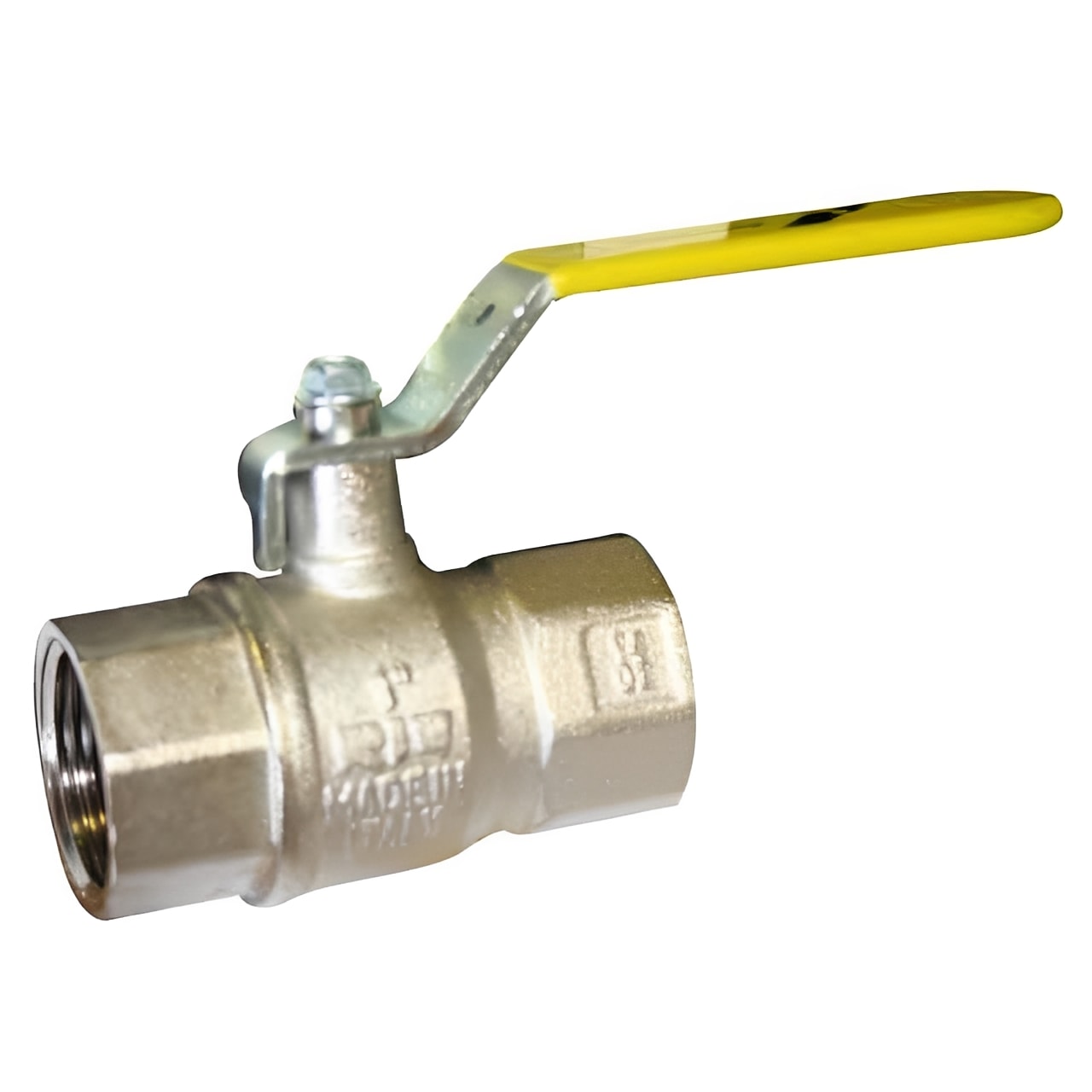 Brass Ball Valve BSI Gas Approved Yellow Lever BSPP PN40-PN16 with a yellow handle for gas applications.