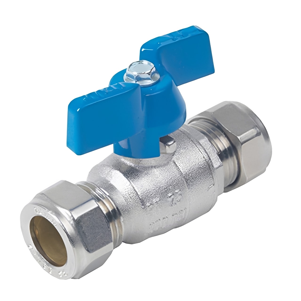 Brass Ball Valve Compression Ends Blue Butterfly Handle WRAS Approved for plumbing systems with smooth control.