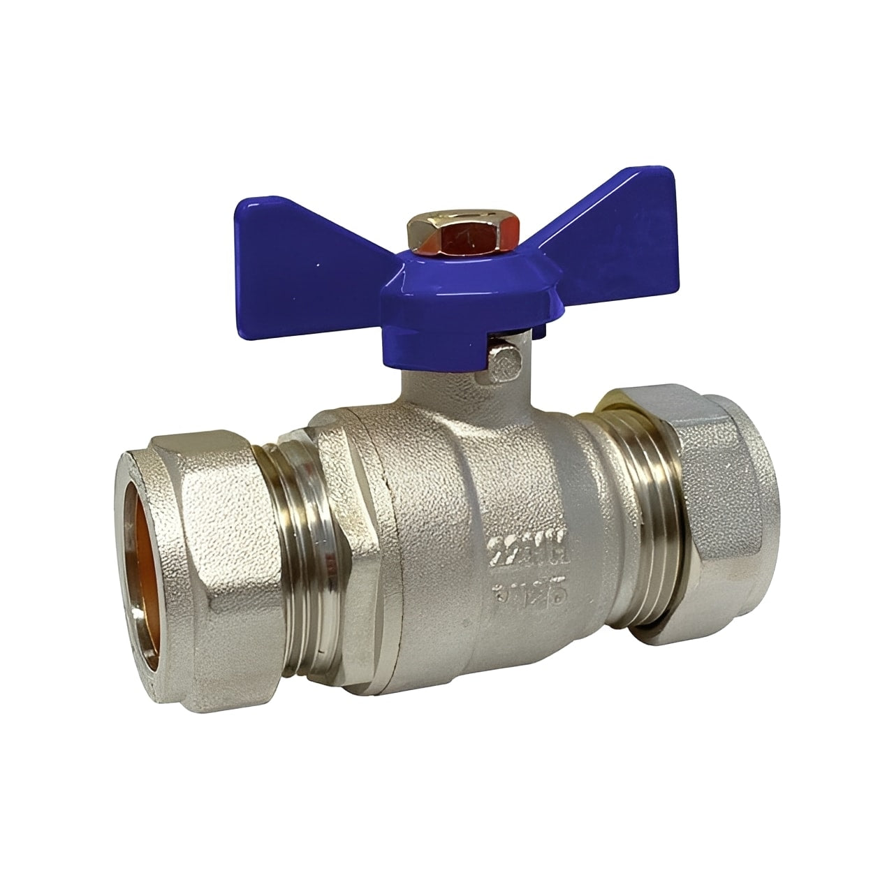 Brass Ball Valve Compression Blue Butterfly Handle WRAS Approved for plumbing systems.