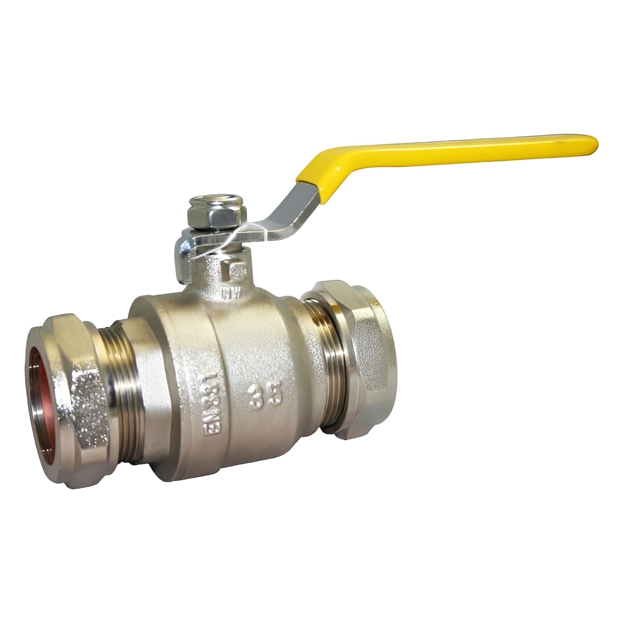 Brass Ball Valve Compression Ends - BSI Gas Approved, featuring compression fittings and yellow lever handle for gas systems.