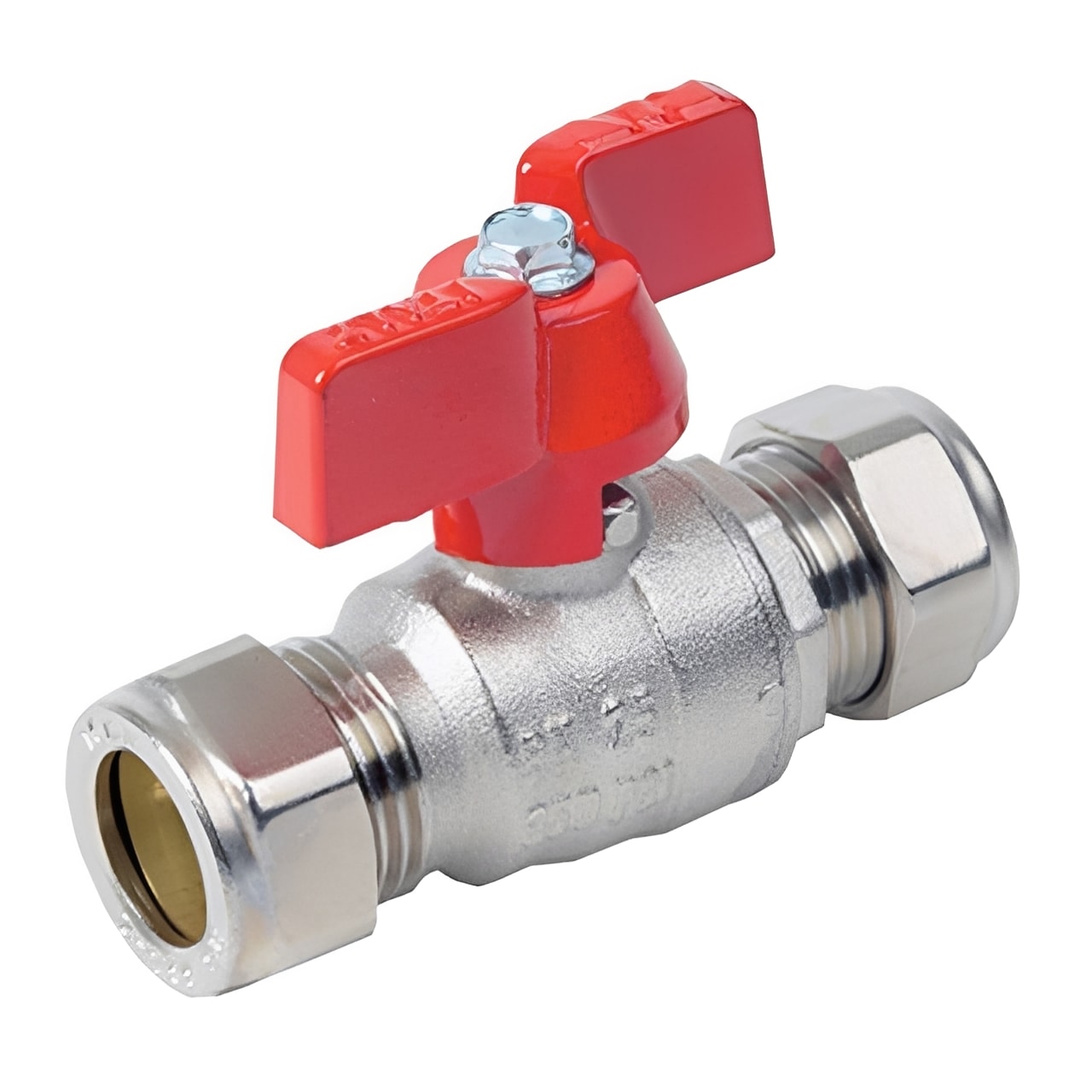 Brass Ball Valve Compression Ends Red Butterfly Handle WRAS Approved with nickel-plated brass body and compact design.