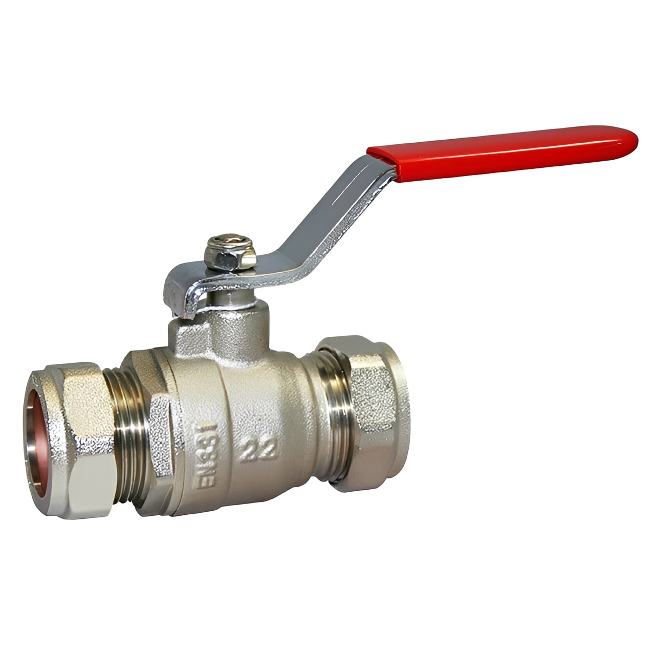 Brass Ball Valve Compression Ends WRAS Approved Red Lever with a red handle for easy operation and flow control.