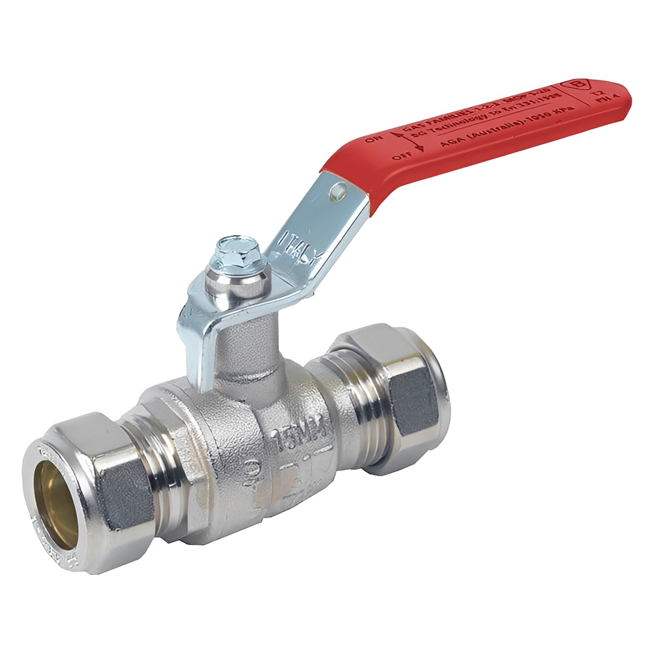 WRAS Approved Brass Ball Valve - Compression Ends Red Lever with nickel-plated brass body and red lever handle.