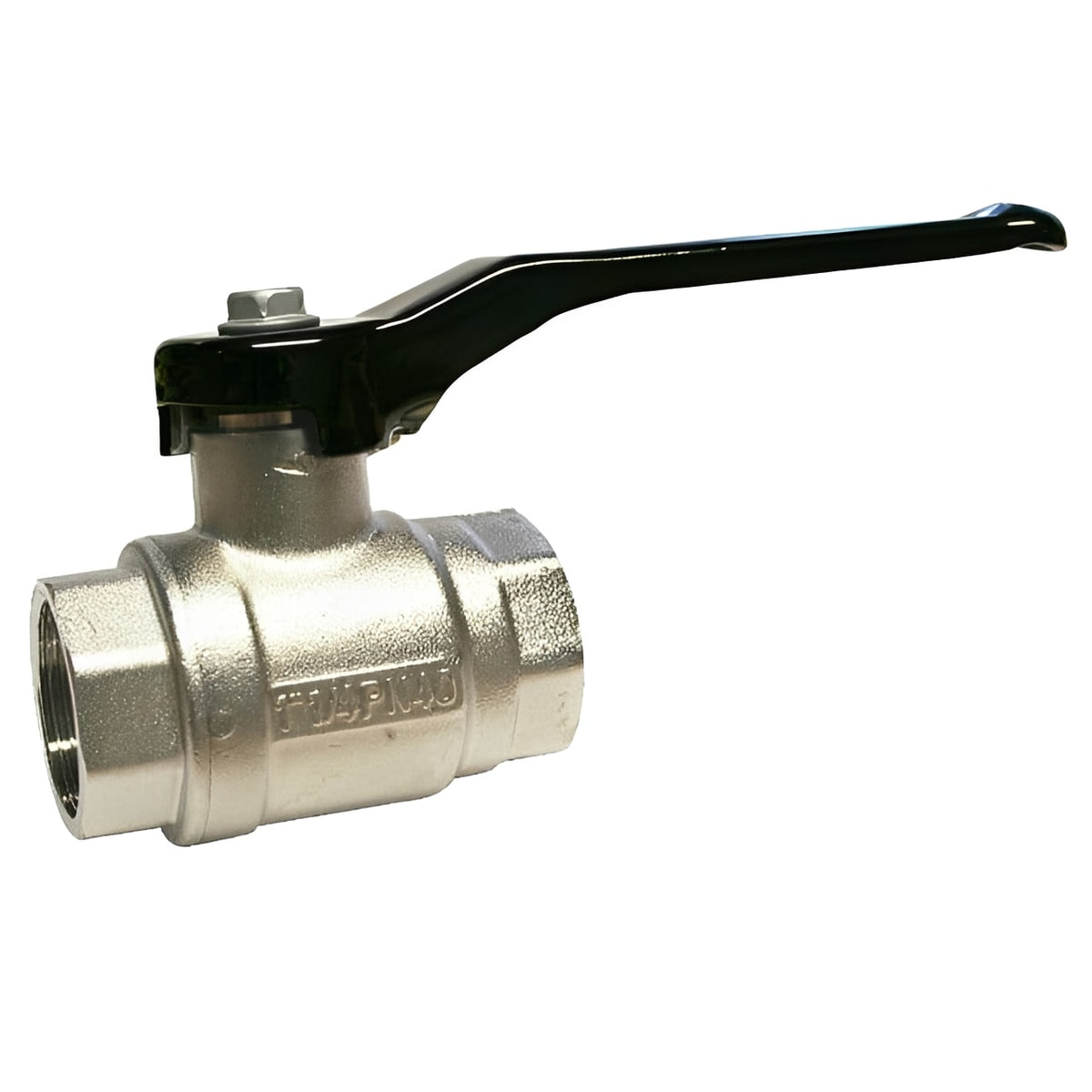 Degreased Nickel-Plated Brass Ball Valve - Oxygen Service PN40 with black lever handle.
