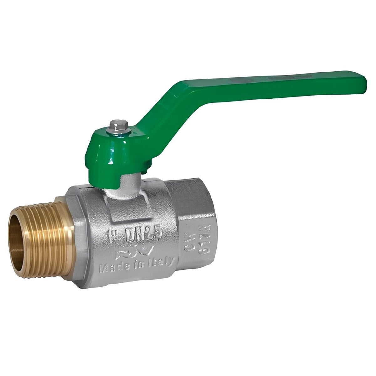 Heavy Pattern Brass Ball Valve Male x Female Lever PN40 with green lever and threaded male end.