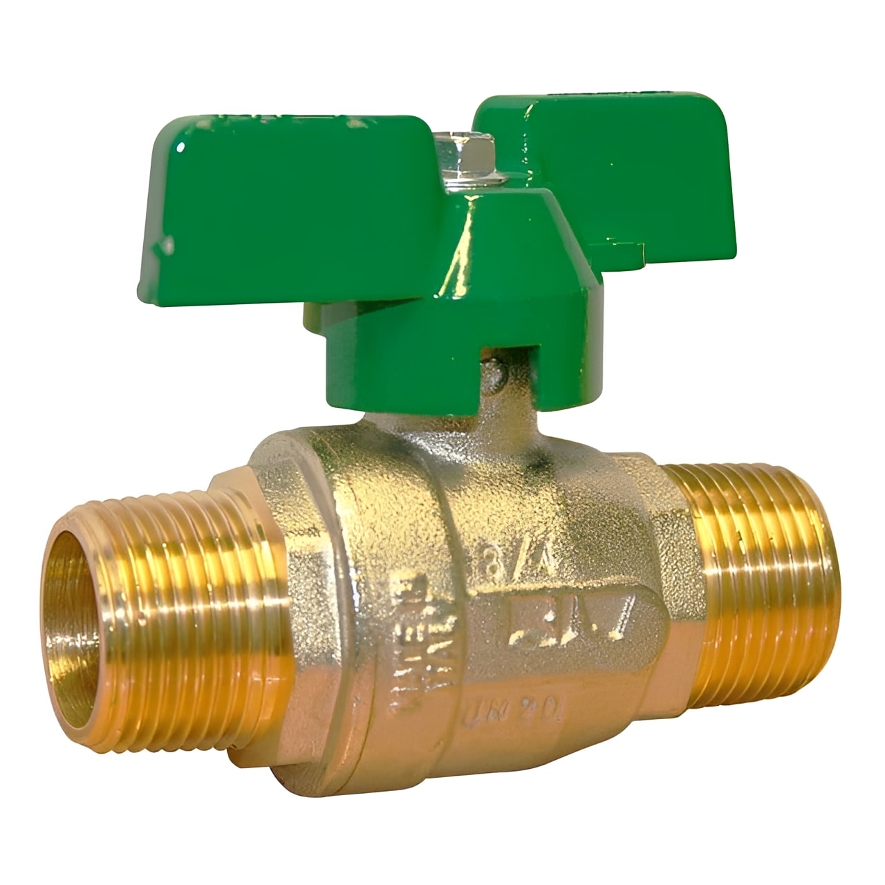 Brass Ball Valve - Long Pattern Butterfly Handle WRAS Approved with green butterfly handle and threaded ends.