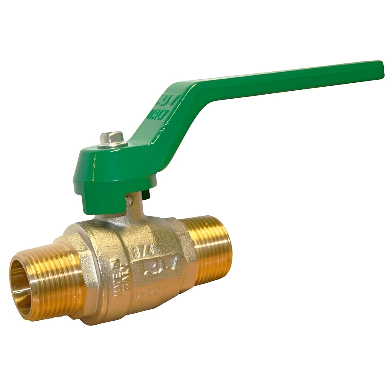 Brass Ball Valve - Long Pattern Lever Operated WRAS Approved with green lever and threaded ends.