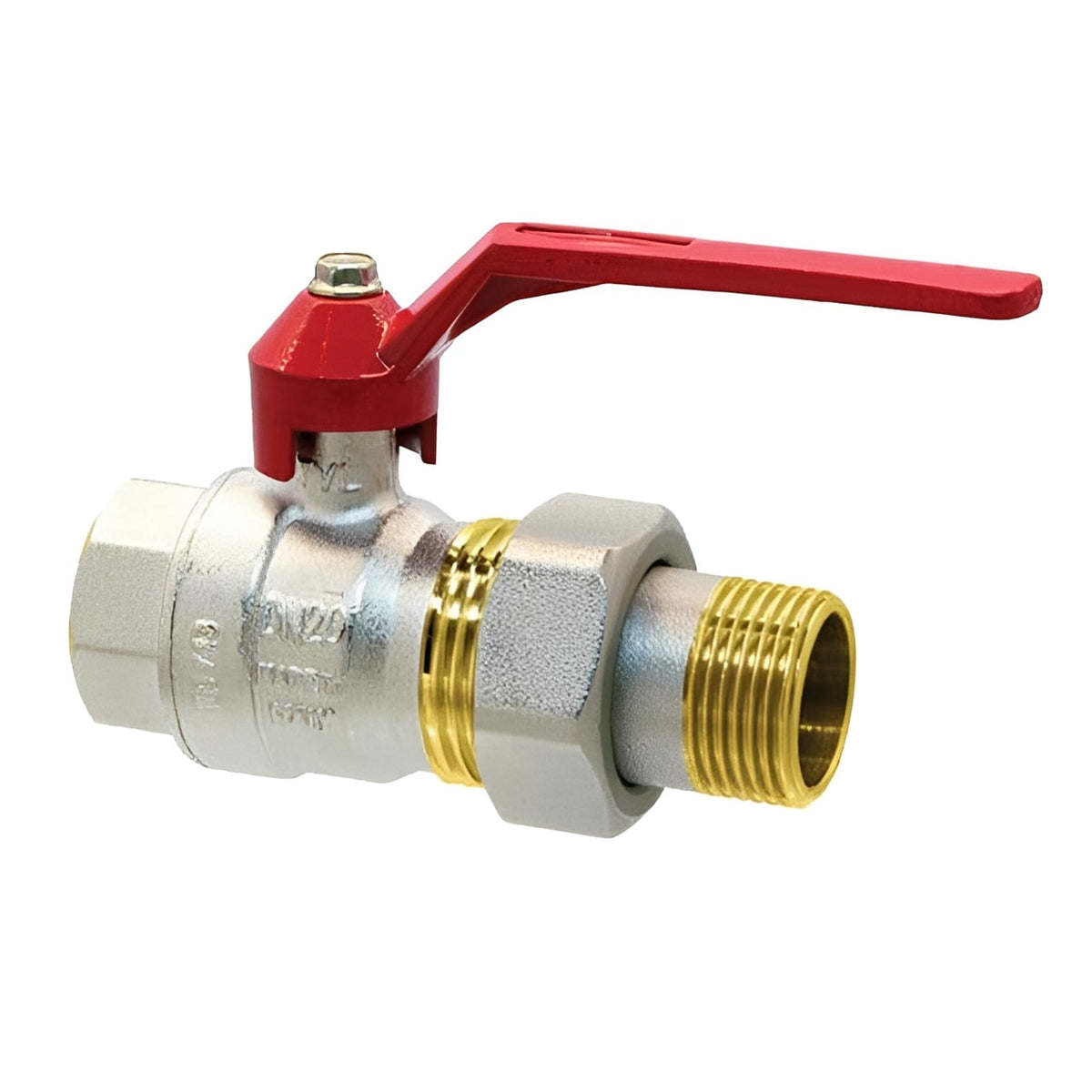 Brass Ball Valve Male Union End Lever Operated WRAS Approved with red lever for easy control in water systems.