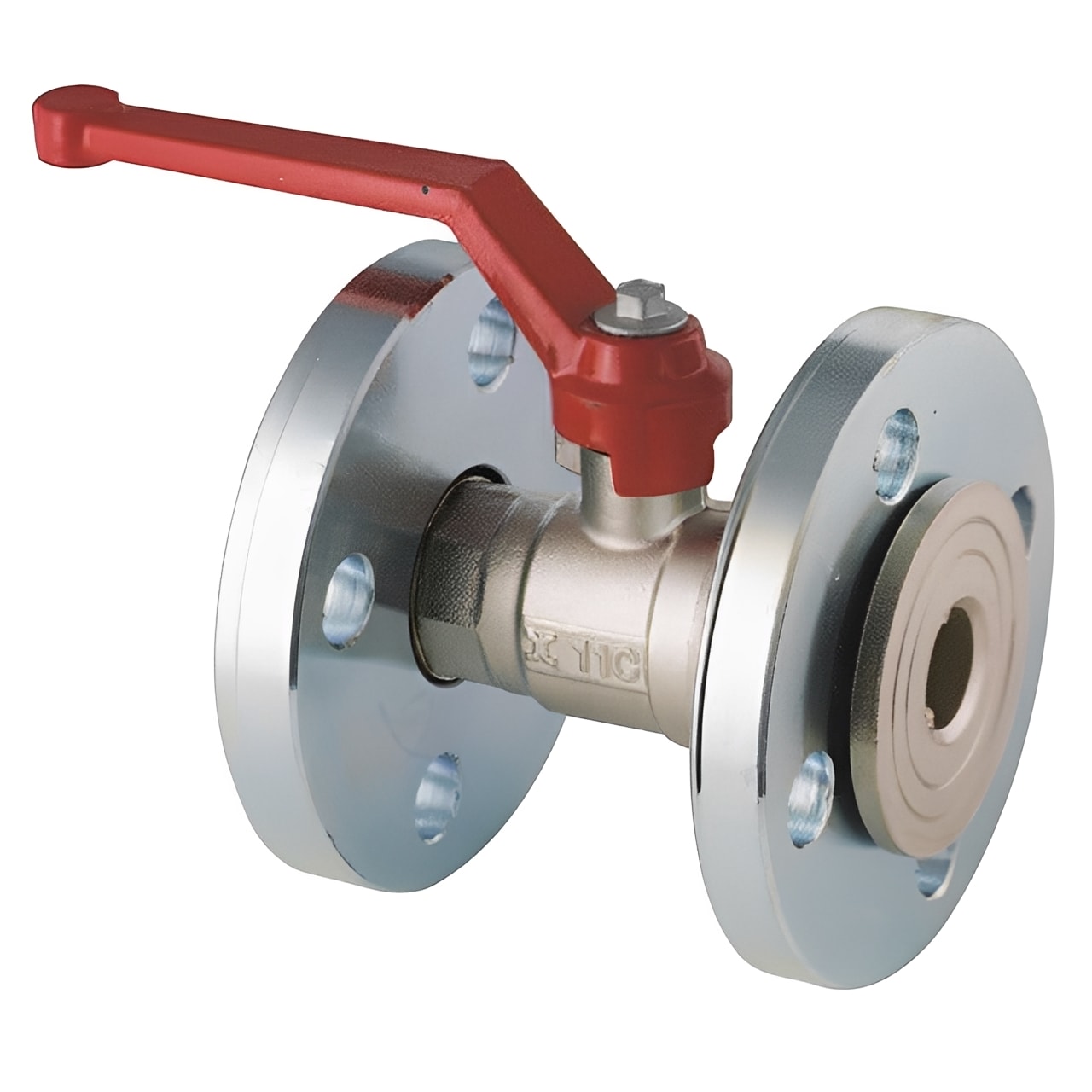 Nickel-Plated Brass Ball Valve PN16 with Rotating Flanges showcasing a red handle and bolted flange connections.
